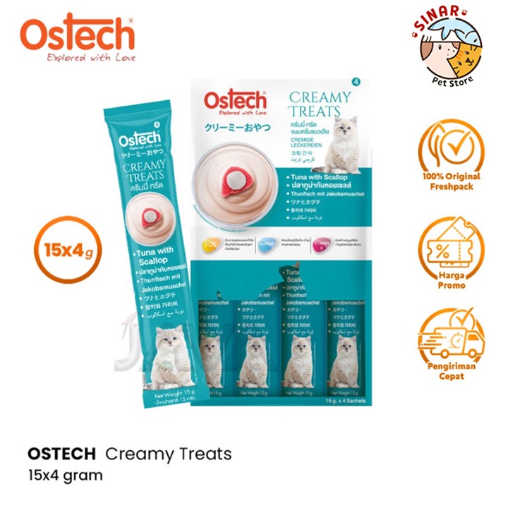 Ostech Creamy 4 x 15GR Snack Kucing Liquid Cat Treat Jajan Cemilan Jilat Berdiri