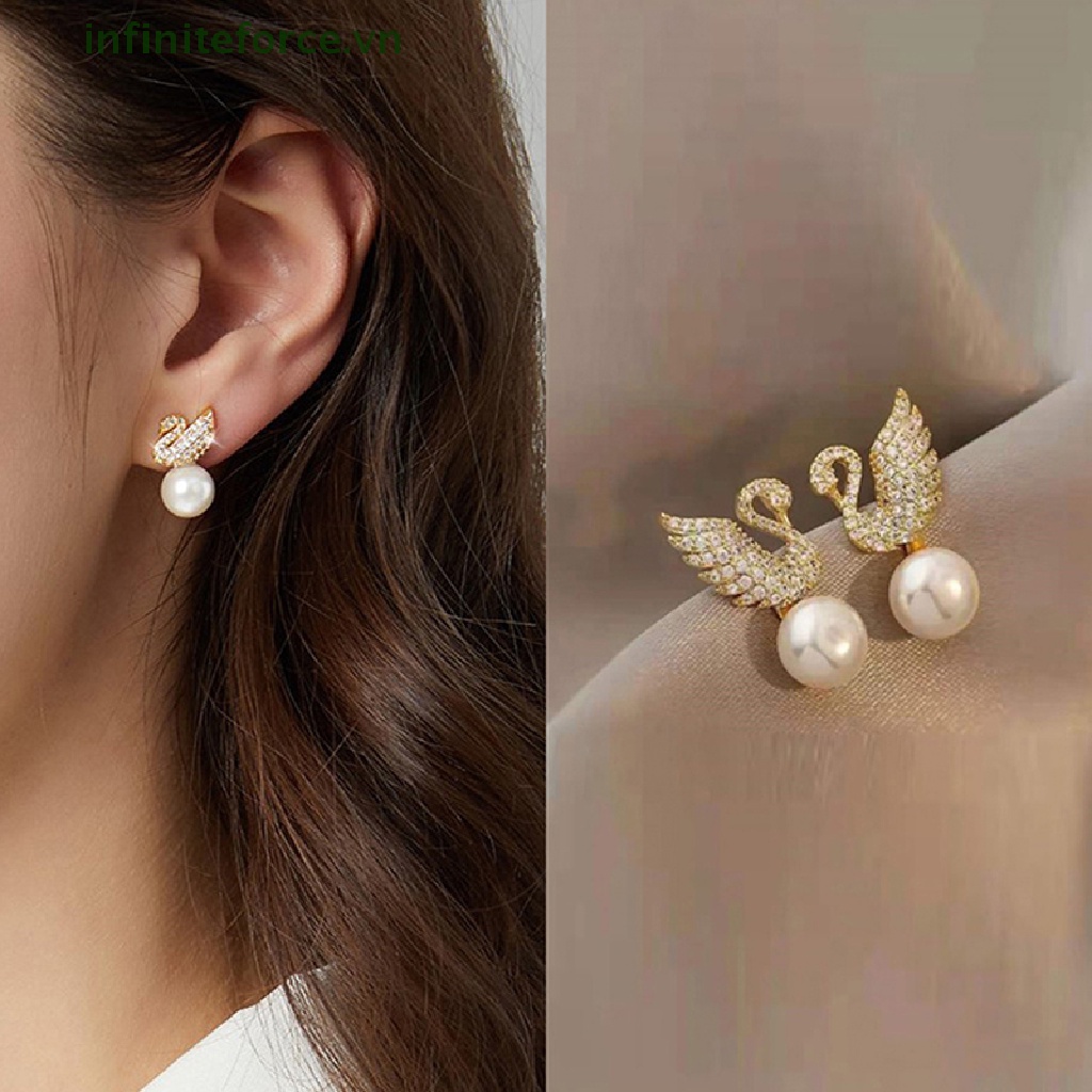 [INVN] 1pasang Imitasi Mutiara Swan Berlian Imitasi Ear Studs Perhiasan Wanita Anting Fashion Pesta Aksesoris Hadiah [VN]