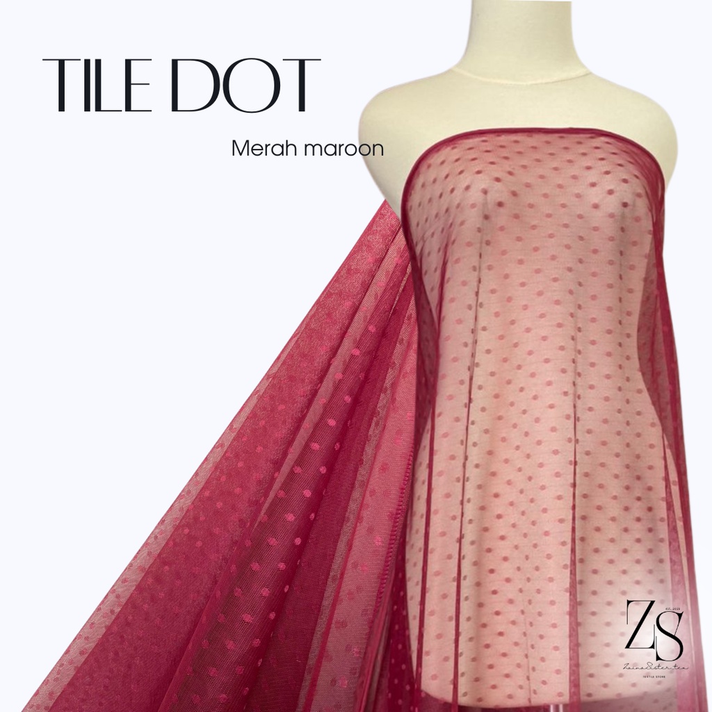 Bahan Kain Tile Tille Tule Tulle Dot Dotty Warna Merah Maroon Marun