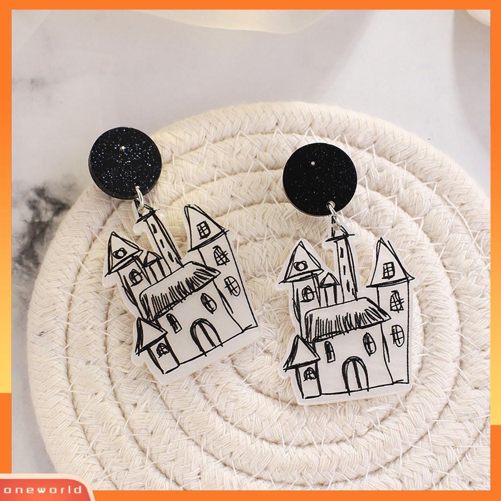 [WONE] 1pasang Anting Halloween Hantu Halus Akrilik Graffiti House Pendant Stud Earrings Untuk Halloween