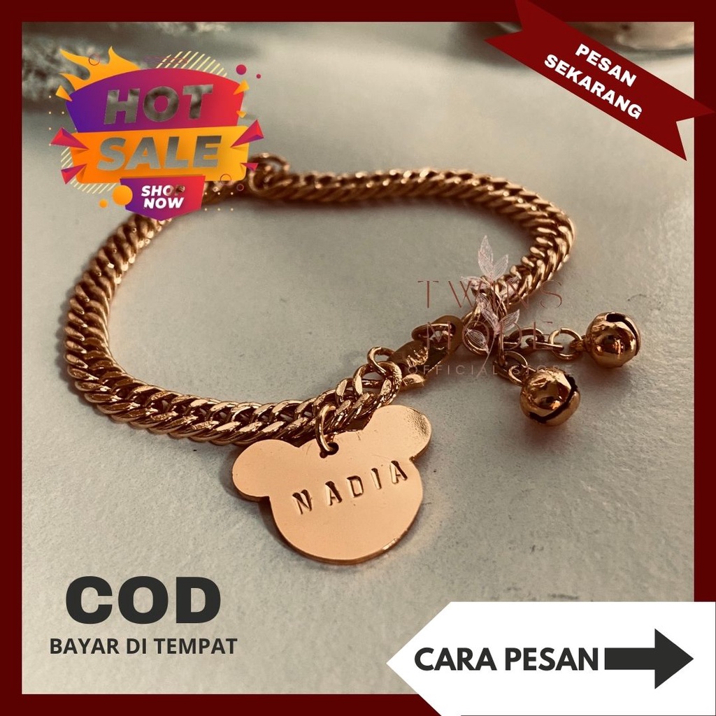 Gelang Rantai Titanium Mickey Custom Nama Warna Sanagat Awet Cocok Untuk Harian