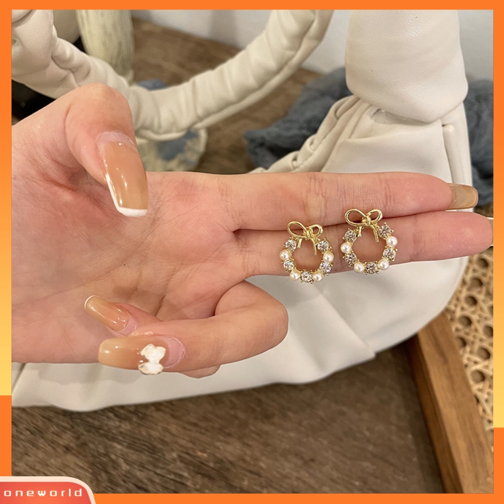 [WONE] Ear Studs Simpul Busur Kecil Indah Paduan Mutiara Imitasi Rhinestones Ear Studs Untuk Club