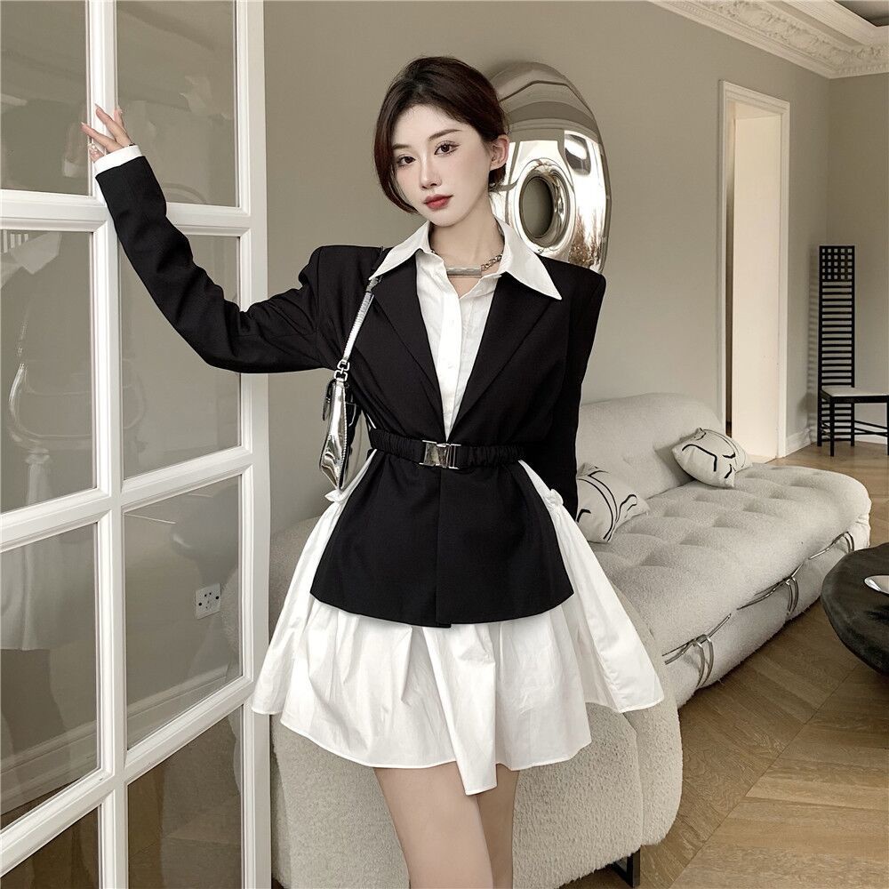 Suhao One-Piece Suit Hitam Kasual Blazer Wanita Berpinggang Temperamen Setelan Kecil Top Kemeja Lengan Panjang Gaun