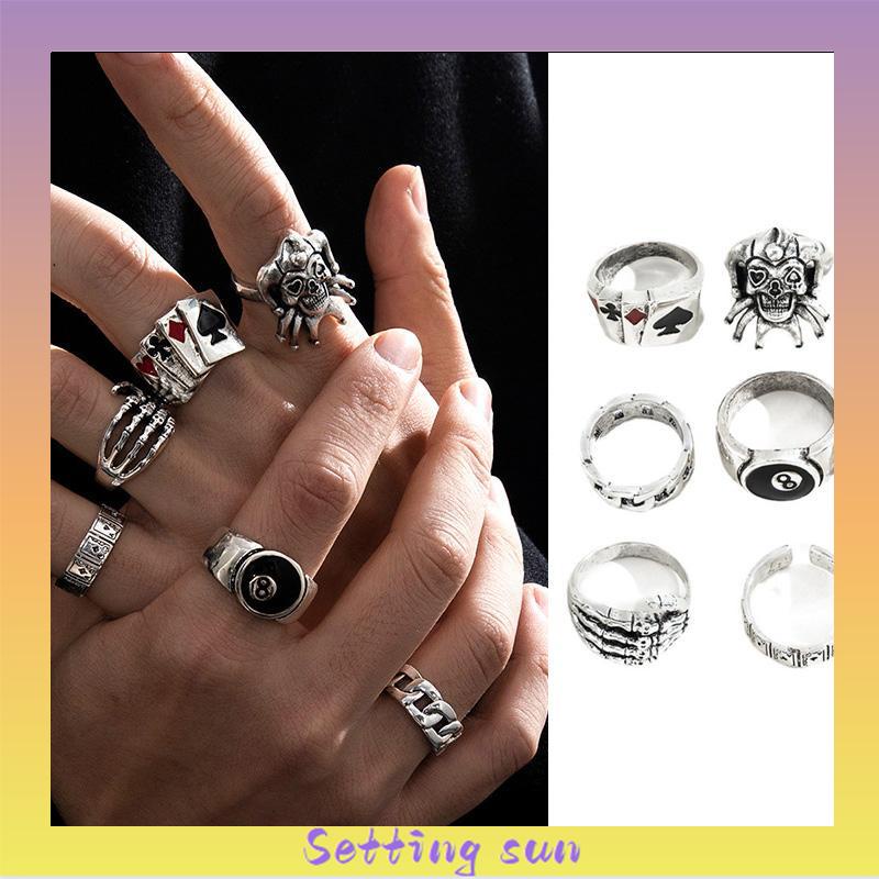 6PCS/Set Cincin Unisex  Punk Membesar-besarkan  Badut Poker Cakar Hantu Tengkorak  Perhiasan Bulat Nomor 8 TN