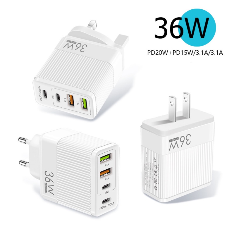 36w Pengisian Cepat Charger Ponsel 5V4A Peraturan Eropa Amerika Inggris 2PD+2USB Kepala Pengisian Adaptor Multi port