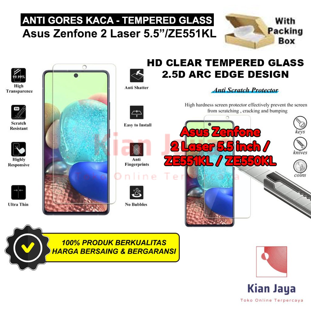 Anti Gores Kaca Hp Asus Zenfone 2 Laser 5.5 Inch / ZE550KL / ZE551KL Tempered Glass Premium Bening Transparan Clear TG Temper Glas