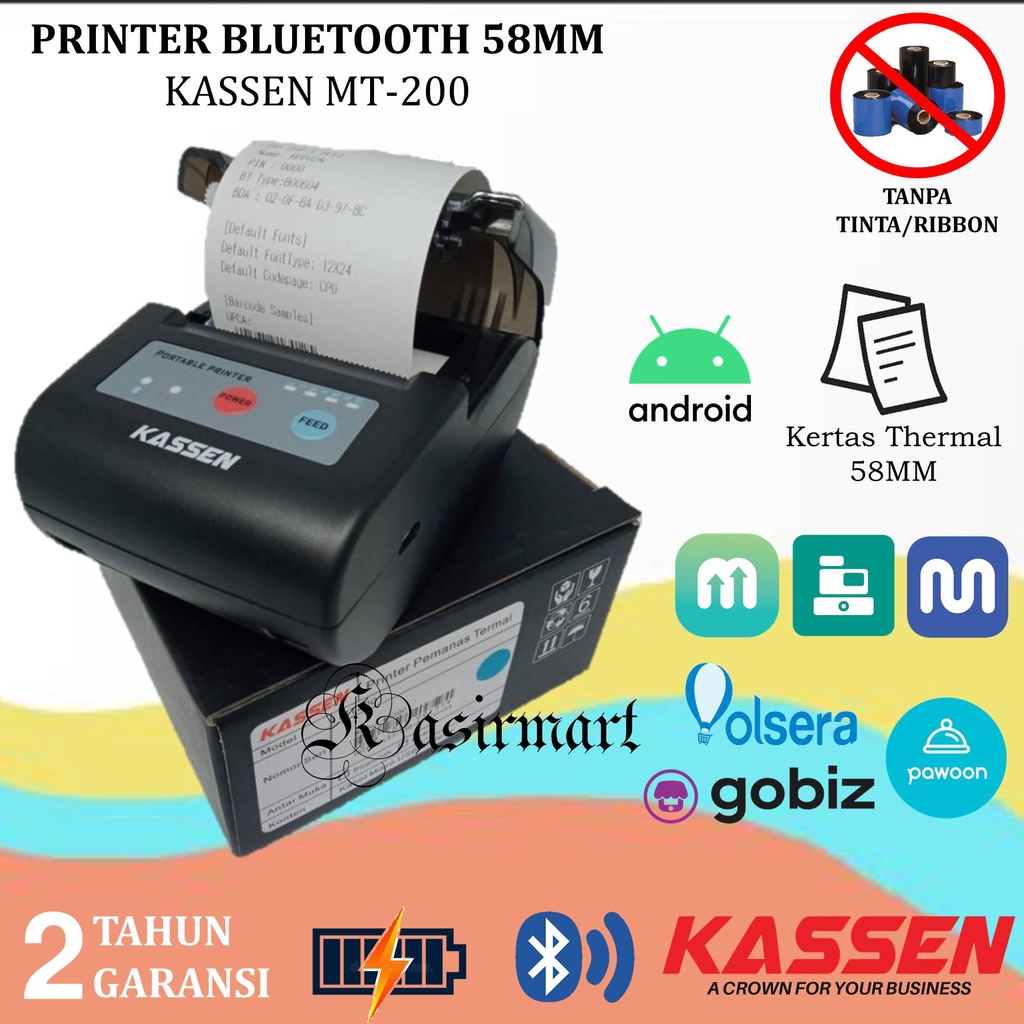 Kassen MT200 Printer Thermal Bluetooth Mini Portable 58mm Kassen MT 200 RPP02N Cetak Struk PPOB Mokapos Pawoon Qasir MT-200 / MT200VL Pakai Baterai