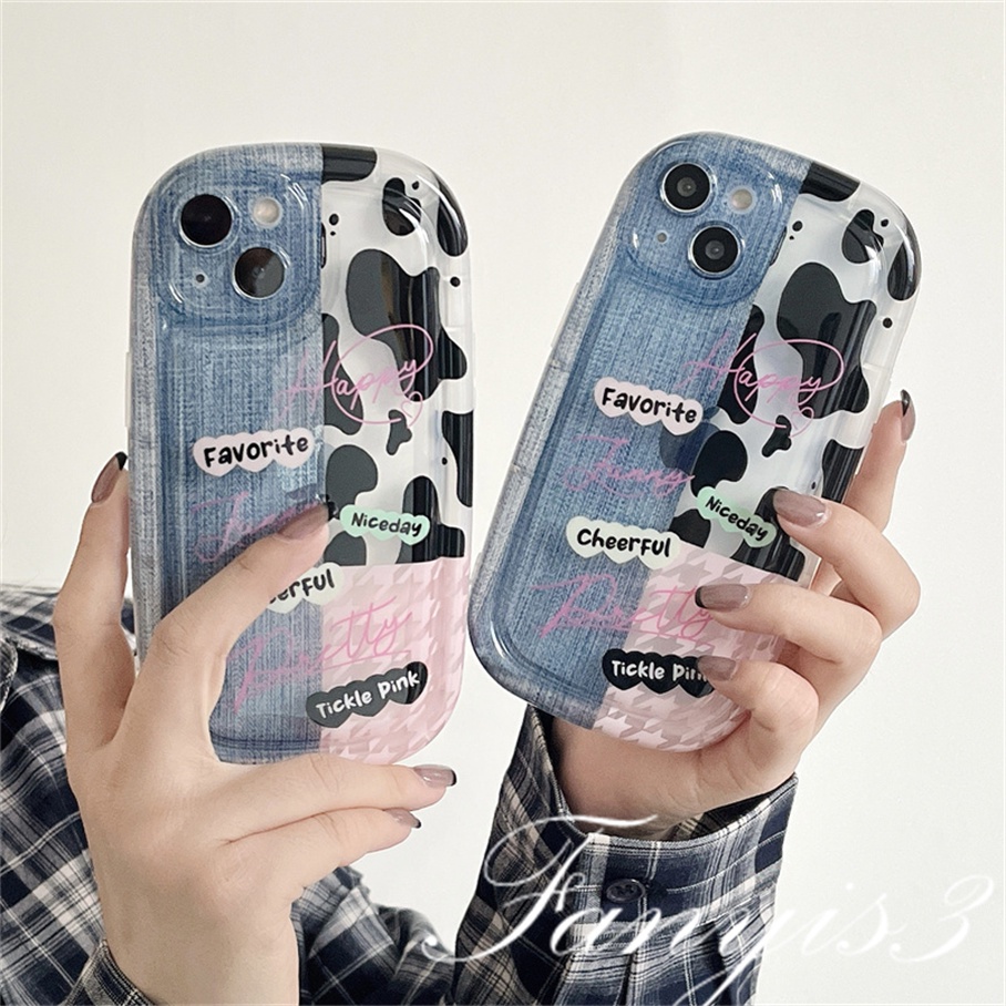 Compatible For IPhone 14 13 12 11 Pro Max X XR Xs Max 8 7 Plus SE 2020 Kompatibel Untuk Denim Cow Milk Phone Case Bening TPU Lembut Cover Pelindung