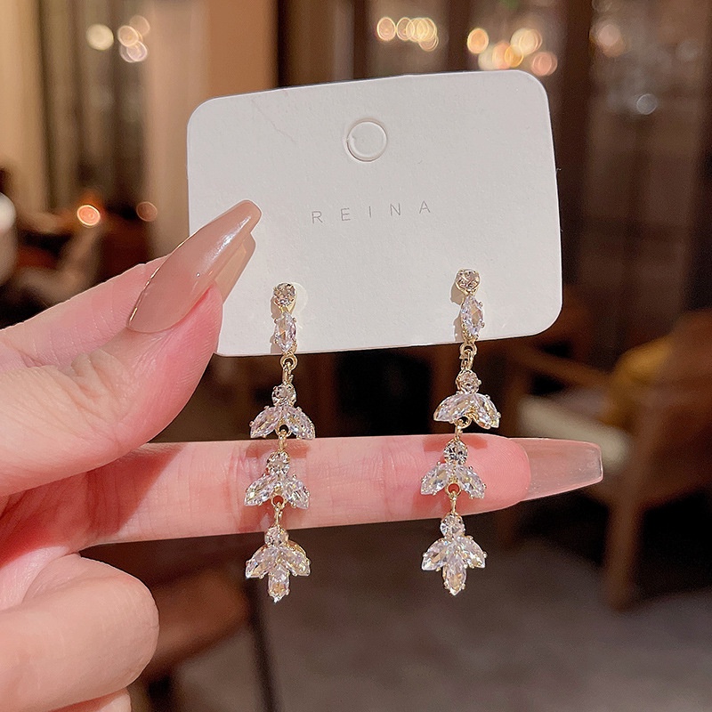 Anting Perak925An Perak Jarum Zirkon Daun Panjang Anting Fashion Wanita Stud Earrings