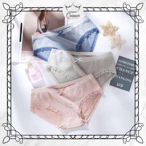QUINNER Celana Dalam Underwear Cewek Pita Kotak-Kotak Polos Katun Surabaya CD Ready Stok CD36