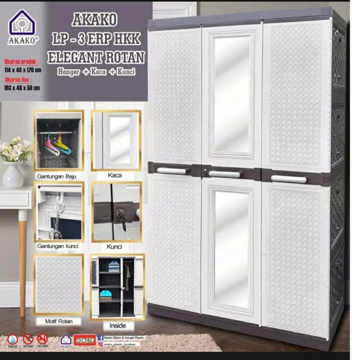 Lemari Plastik Serbaguna Lemari Pakaian 3 Pintu Gantung Kaca Kunci Elegant AKAKO ELEGANT 3 PINTU HKK