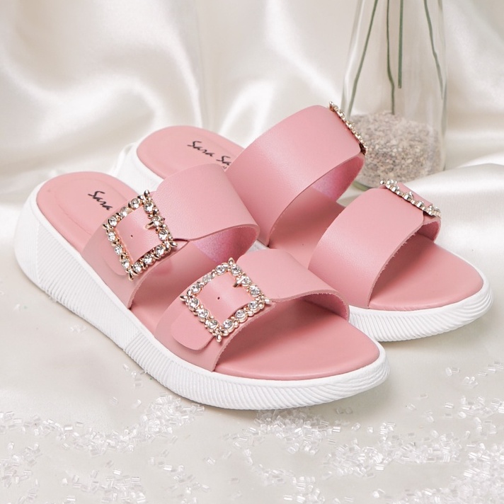 SARASARA YUK - Sandal Wanita Slop Casual Model Birken Sol Puyuh SARA SARA JOA ALL COLOR Sendal Cewek Kulit Santai Strap Gesper dua Empuk Size 36 37 38 39 40 Warna Peach Pink Merah Muda Selop Anti Slip Premium Original Terbaru Shoes ORI Mall Official Store