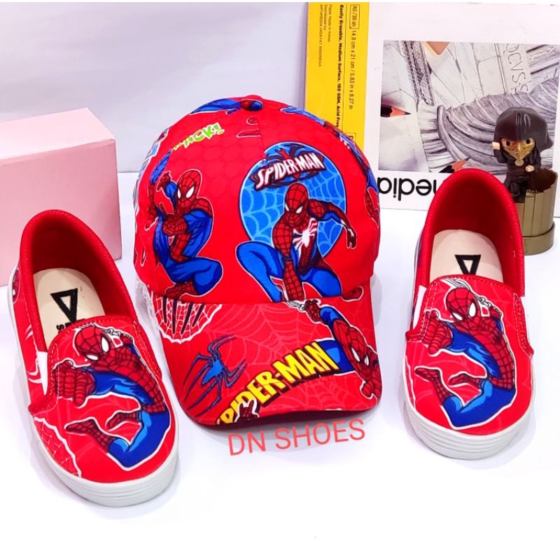 Paket Sepatu Anak Laki Laki Sepatu dan Topi Anak Paket Sepatu Formal dan Topi Anak Laki Laki Murah Keren Karakter Spiderman Merah