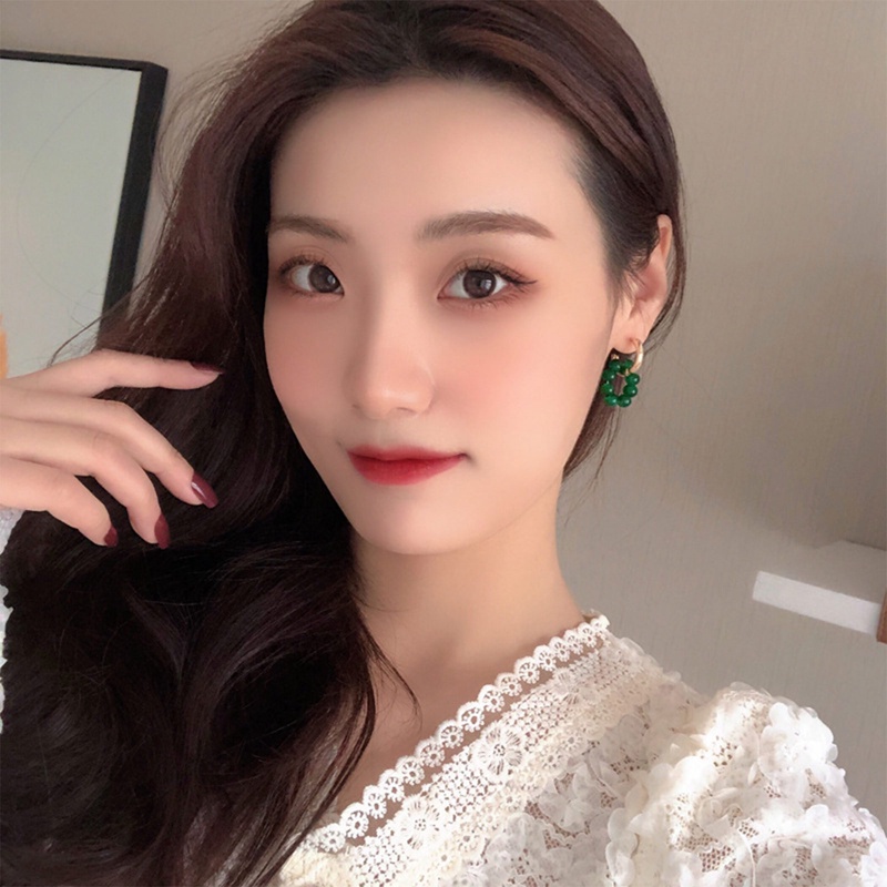 Fancyqube The Green Beads Anting Logam Gaya Eropa Dan Amerika Hip-Hop Punk Kepribadian Fashion Stud Earrings