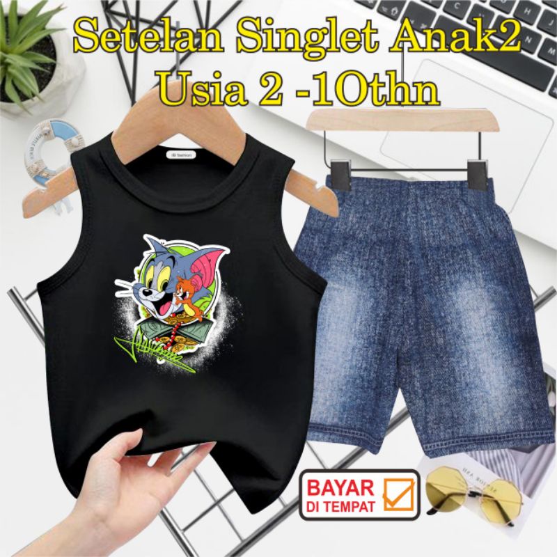 ((IB))SETELAN SINGLET ANAK SEMI JEANS/T0M&amp;JERRY DIGITAL SABLON