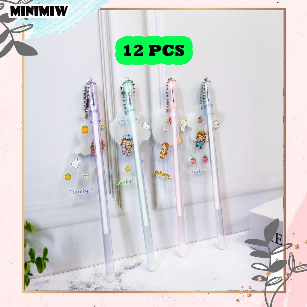 SELUSIN PULPEN GANTUNGAN STICKER AKRILIK ISI 12 PCS BOLPEN ALAT TULIS BOLPOIN UNIK IMUT MURAH PEN GEL KARAKTER PENA UNIK LUCU MURAH