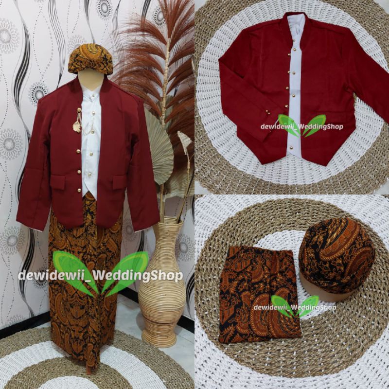 [Full Set] Baju Adat Jawa Cowok / Baju Manggolo / Baju Pagar Bagus | Nuansa Hewes Maroon