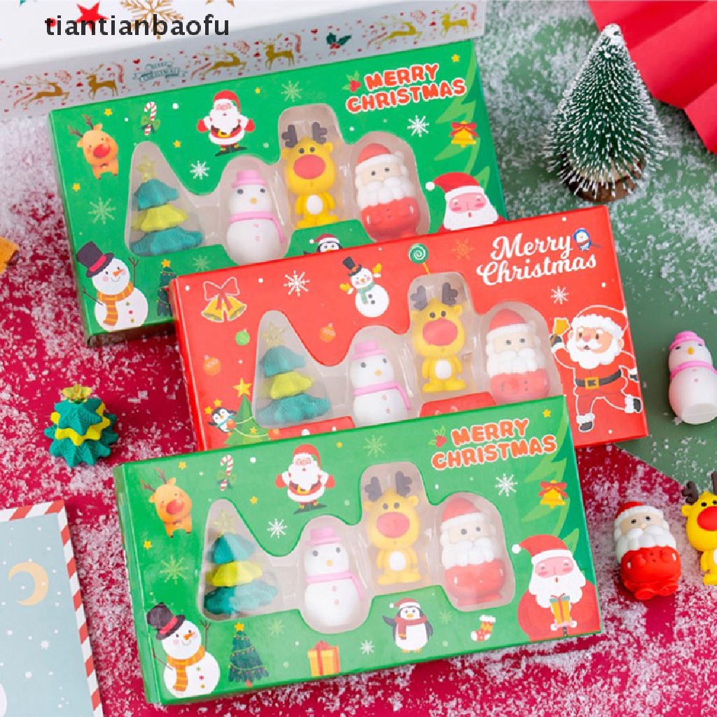 [tiantianbaofu] 4pcs Erasers Anak Kotak Set Paing Merry Christmas Santa Claus Penghapus Pensil Siswa Sekolah Alat Tulis Kantor Writg Gift Boutique
