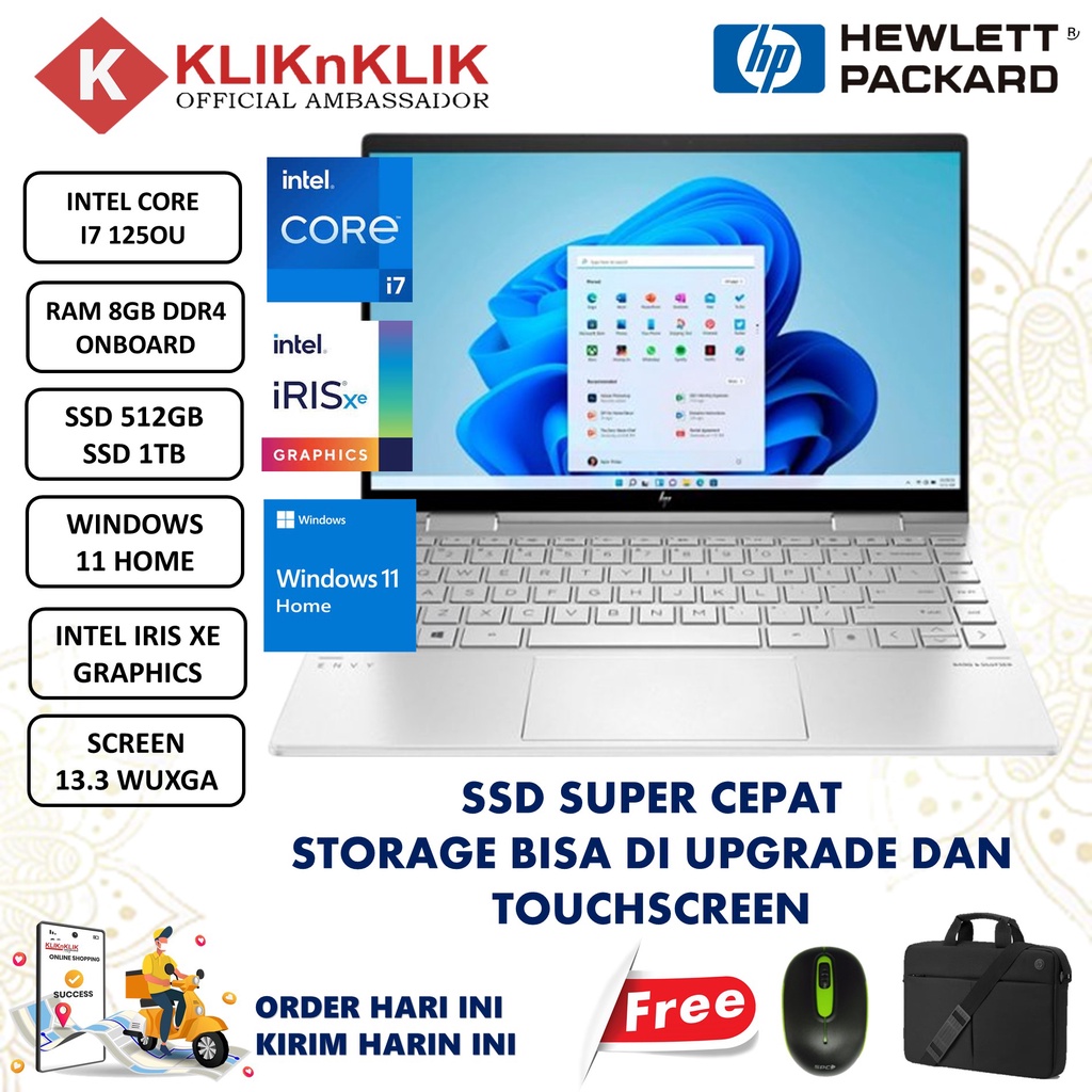 Laptop Murah HP Envy X360 13 Intel Core I7 1250U 8GB1TB SSD WUXGA IPS Iris Xe  Windows 11 Home Silver Terlaris