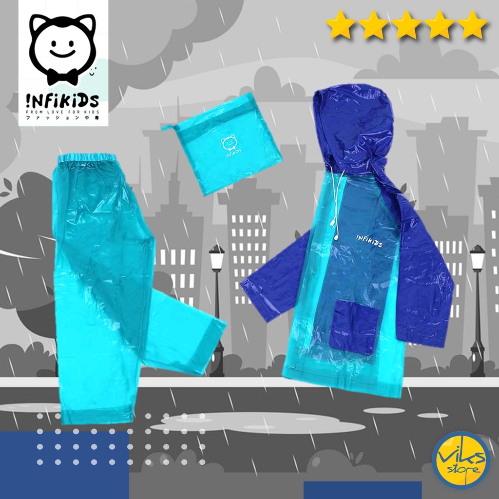 Jas Hujan Anak Kecil 6 - 12 Tahun Infikids Stelan Anti Air Kuat Anti Tembus Bahan PVC Karet Untuk Sekolah SD SMP Sepedah Bermain Motor Mantel Hujan