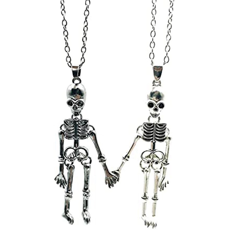 2pcs/set Kalung Liontin Tengkorak Tengkorak Kerangka Magnetik Tangan Ditarik Pasangan Kalung ​Perhiasan Kalung Punk Kalung Persahabatan