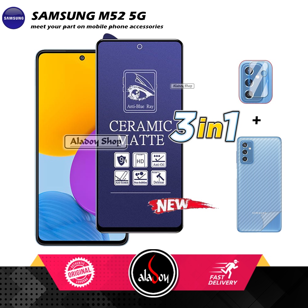 PAKET 3IN1 Anti Gores Blue Matte Anti Glare Samsung M52 5G + Tempered Glass Camera dan Skin Carbon