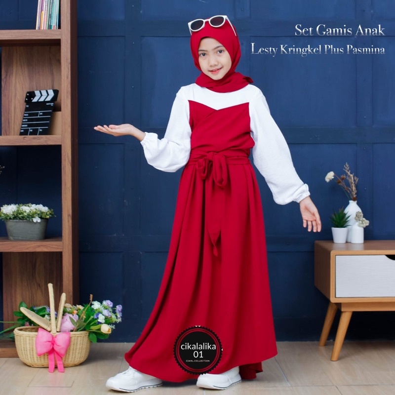 set gamis anak LESTY POLOS KRINGKEL pasmina