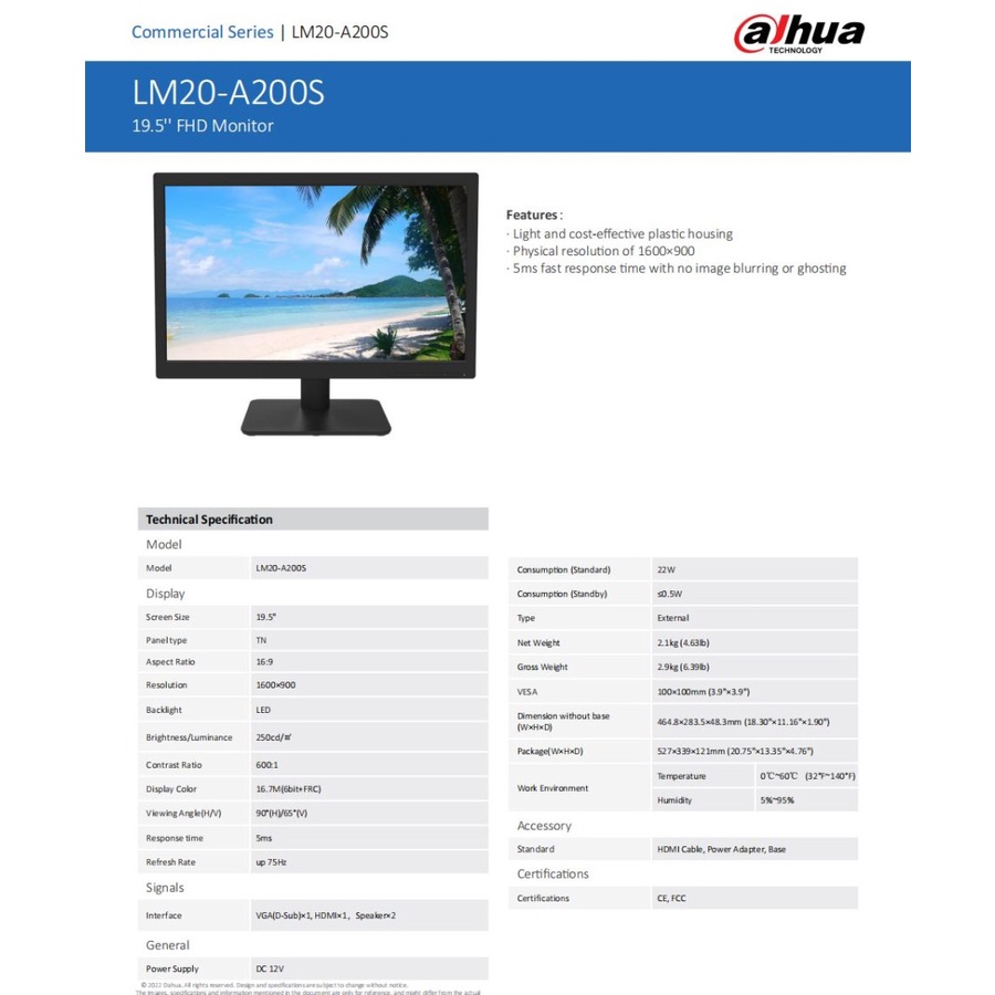 [tanpa palet kayu] Dahua Monitor DHI-LM20-A200S 20&quot; 75Hz HDMI VGA Speaker GARANSI RESMI