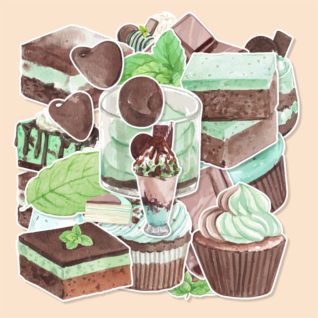 

( 50 pcs ) mini stiker tumbler/MINT CHOCO-watercolor/murah/stiker random satuan