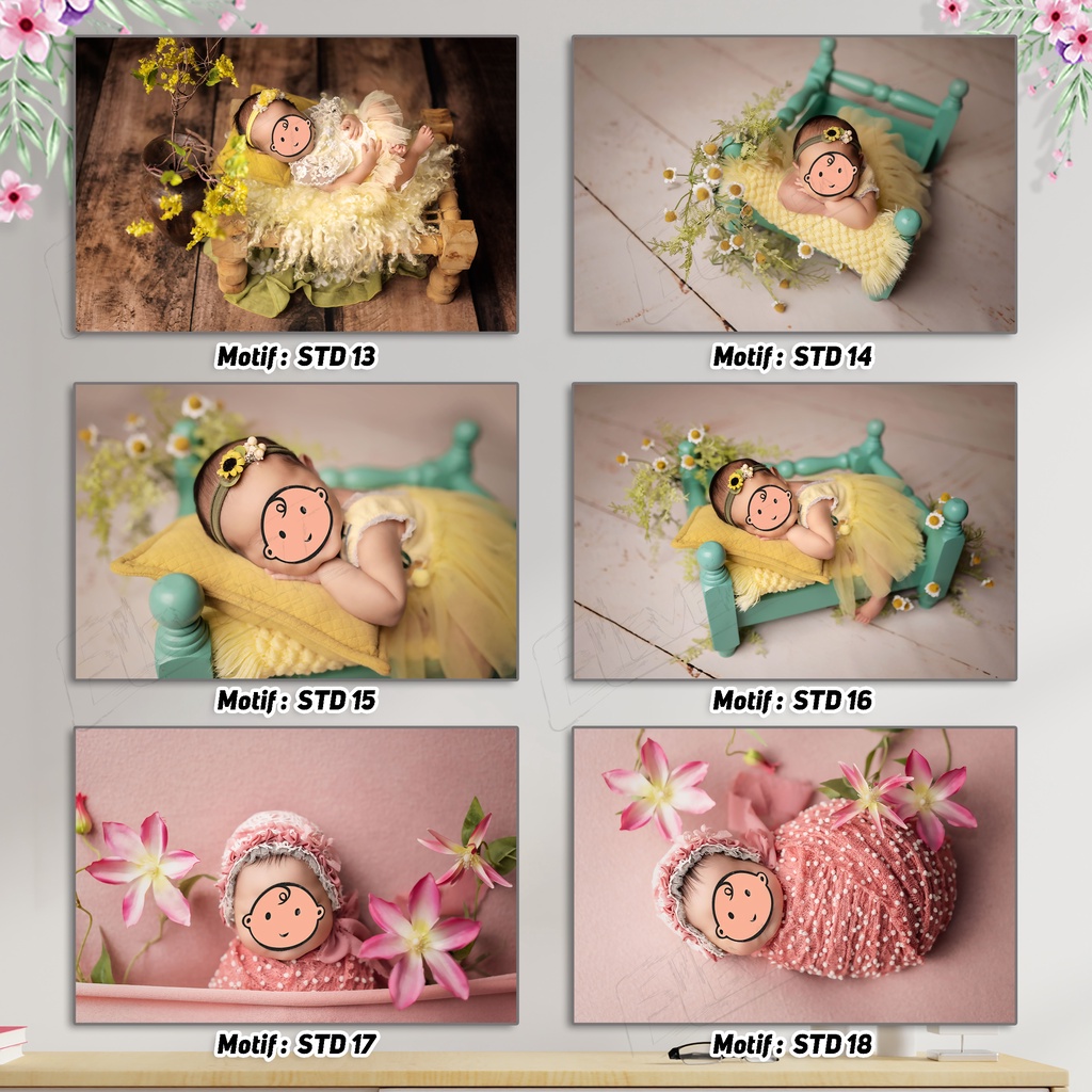 Cetak + Bingkai / Papan MDF Foto Bayi Ala Studio Bisa Tambah Tulisan edit muka Setting Ubah Wajah Bayi Kenangan New Born Girl / Boy / Cewek / Cowok Anak Harga Terjangkau Banyak Pilihan 140 Motif Photo Klaten Kelahiran walldecor / bingkai / frame Murah