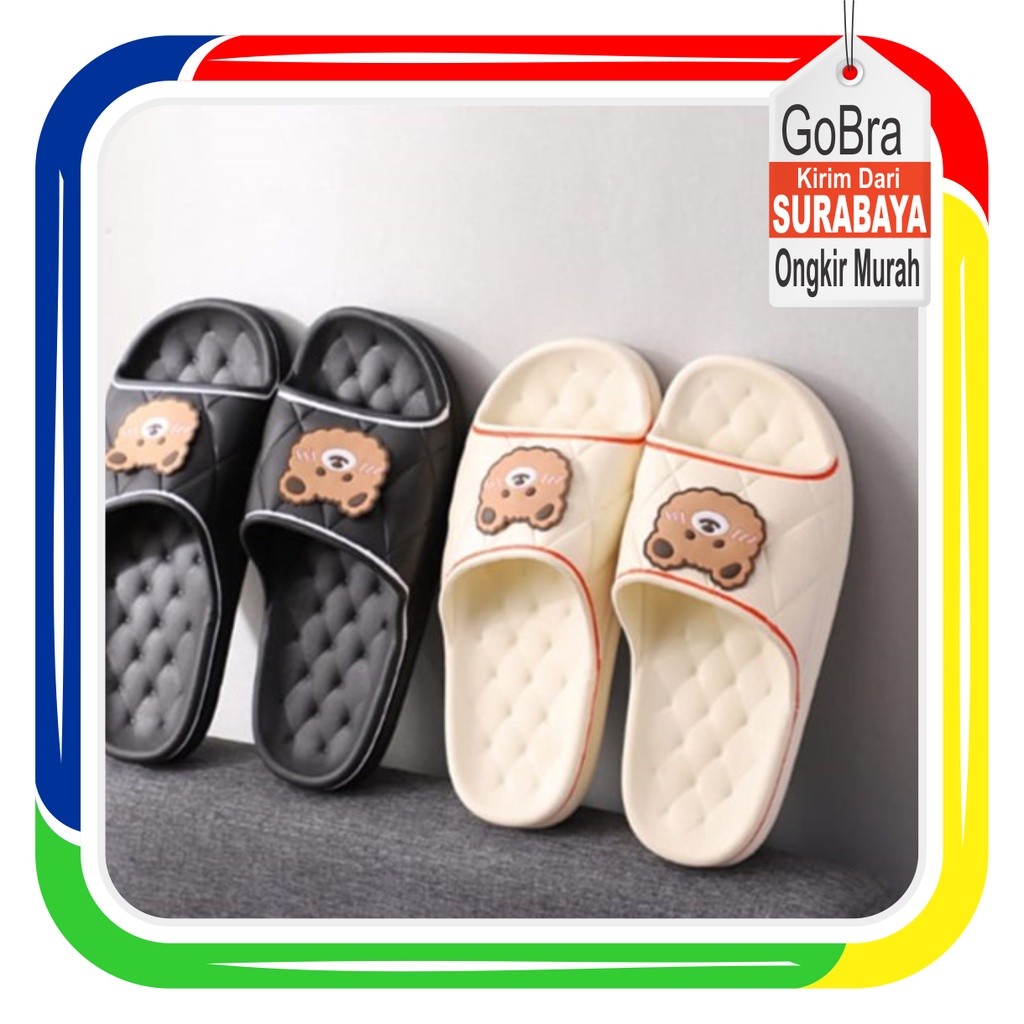 Gobra ♕ SA021 Sandal Empuk EVA Import Sendal Rumah Motif Bear Petak Petak Cute Fashion Korea Wanita Bahan Rubber Anti Sakit