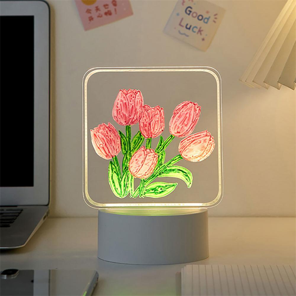 Timekey Acrylic LED Tulip Lampu Malam Bunga Papan Nota Lampu DIY Buatan Tangan Lukisan Tintaging Suasana Bunga Lampu Meja Dekorasi Rumah K7S4