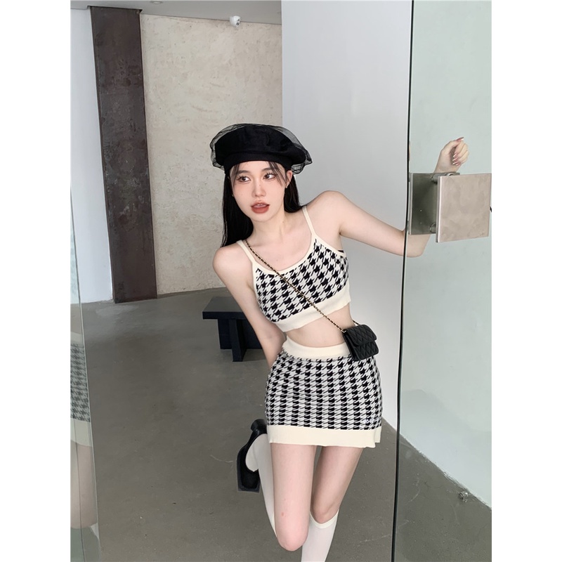 ☌☇Suhao Keinginan Murni Gaya Manis dan Pedas Suit Houndstooth Gadis Panas Kamisol Seksi Top Wanita Musim Panas Paket Hip Slim rok Two-Piece Set