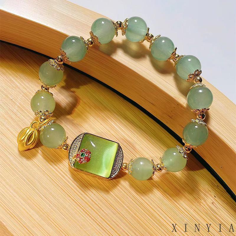 【Bayar di tempat】Gelang Tangan Manik-Manik Batu Jade Hetian Natural Bentuk Persegi Gaya Retro Untuk Wanita ACKER