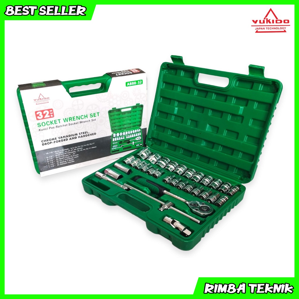 YUKIDO Socket Set 32 pcs Kunci Sok Set Chrome Vanadium 1/2&quot; 6 PT 12 PT Socket Wrench 1/2 dr Cr-V Sokset