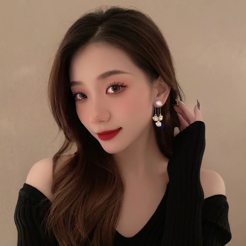 Elegan Pesta Pernikahan Korea INS Shiny Temperamen Pendant Earrings Wanita Mewah Bulat Berlian Imitasi Rumbai Menjuntai Anting Bridal Drop Earrings Wanita Perempuan