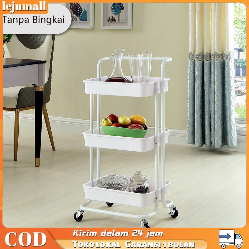 Rak Troli Dengan Roda 3 Susun Serbaguna Rak Dapur dengan Keranja Stainless Rak Buku Portable / Rak Bumbu Dapur / Rak Sudut Tempat Penyimpanan / Penyimpanan Bayi/Trolley Mengentalkan