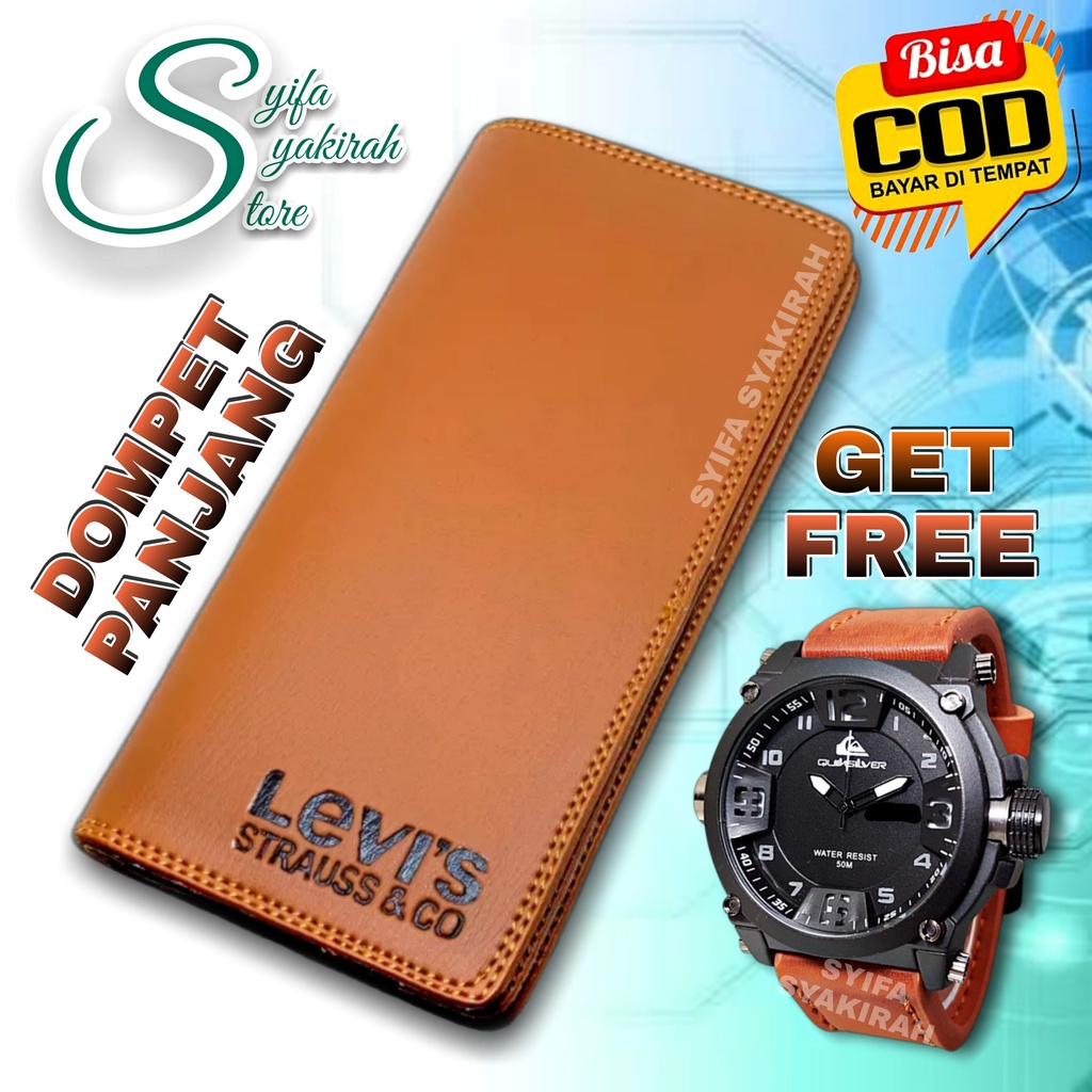 Dompet Panjang Cowok Cewek Gratis Jam Tangan Tali Semi Kulit Dompet Pria Kulit Sintetis Dompet Kartu