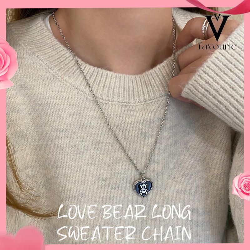 CODLove Bear Rantai Sweater Panjang Hip-Hop Sederhana Serbaguna Kalung Gelap Manis Keren untuk Wanita-FA