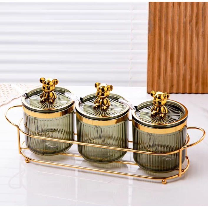 Tempat Bumbu Bear Gold 3 In / STR / Tempat Bumbu / Bear Seasoning Jar Tempat Bumbu 3 Piece With Tray Transparant / Keranjang  Tempat Penyimpanan Bumbu / Tempat Bumbu