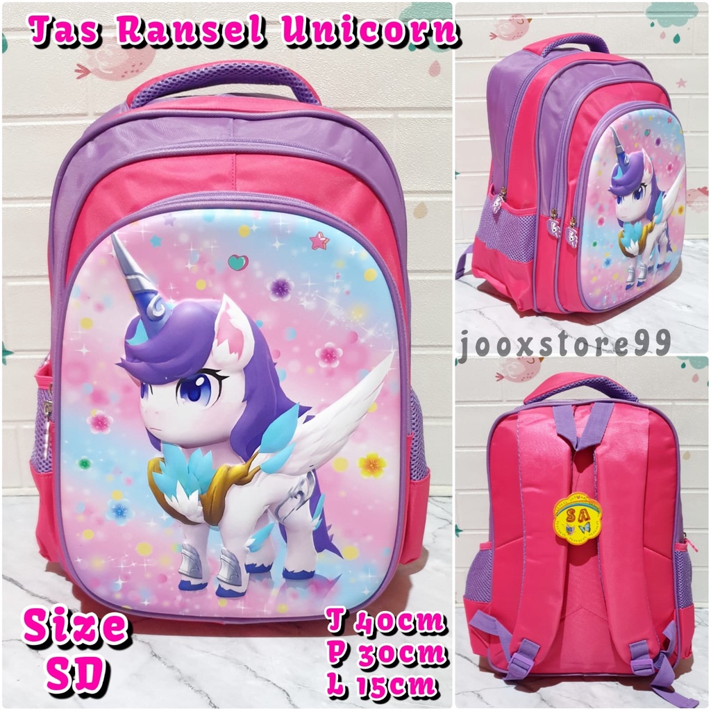 Tas Sekolah Anak SD Ransel Motif Unicorn Timbul 3D Backpack Anak Perempuan Import