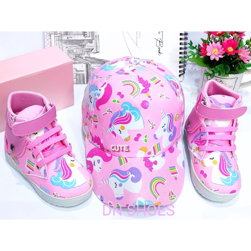 Paket Sepatu Anak Perempuan Paket Sepatu Boots Topi Anak Paket Boot Anak Perempuan Topi Pet Anak Perempuan Murah Lucu Karakter Unicorn Pink Cute