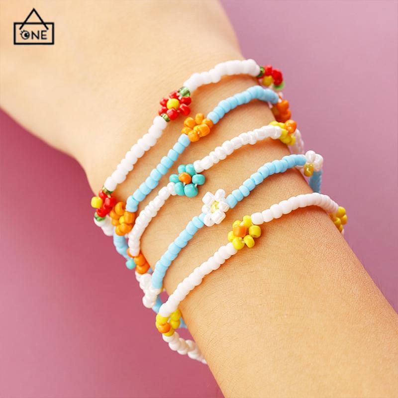 COD❤️Anyaman gelang kaki manik-manik beras warna-warni Gaya pantai Bohemian daisy gelang kaki wanita-A.one