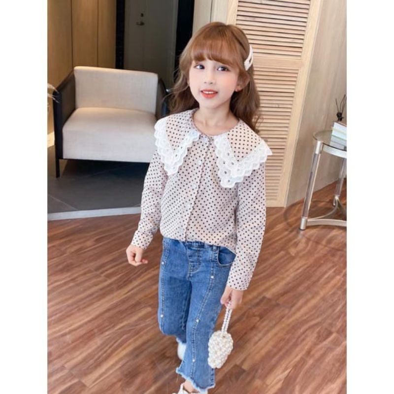 [1-5T] SETELAN BLOUSE KEMEJA CELANA JEANS ANAK PEREMPUAN IMPORT 1-5 TAHUN LENGAN PANJANG BLOUSE REMPEL POLKADOT / SETELAN ANAK CEWEK IMPORT CELANA JEANS PANJANG BLOUSE POLKADOT