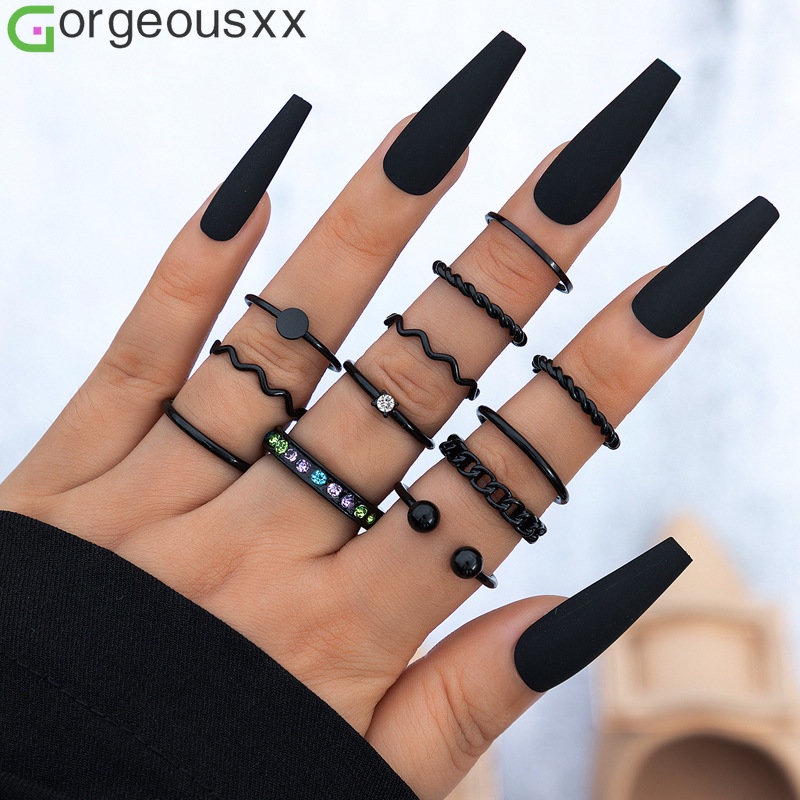 12 Pcs/set Baru Trendi Hitam Sederhana Geometris Gelombang Memutar Cincin Untuk Wanita Zirkon Warna-Warni Cincin Perhiasan Hadiah Pesta Ulang Tahun