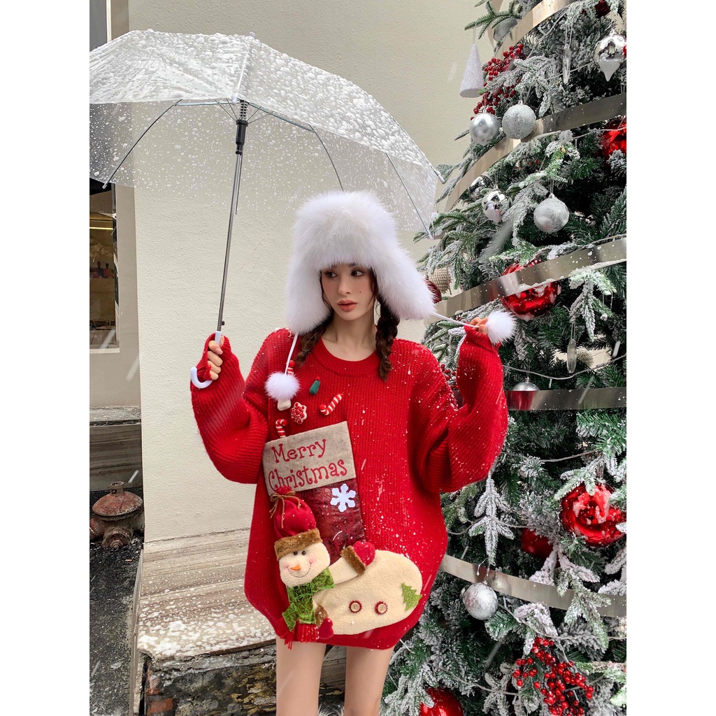 #Sisjuly# Jumper longgar wanita musim gugur dan musim dingin Natal merah kartun lucu atasan angin re