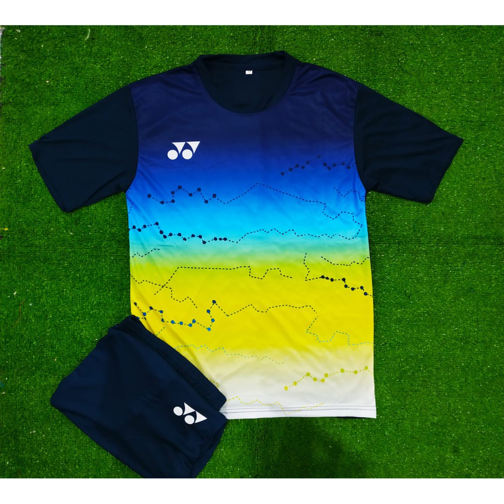 Baju Kaos Badminton Futsal Bola Gym Basket Training Sport – Gradasi Biru Kuning