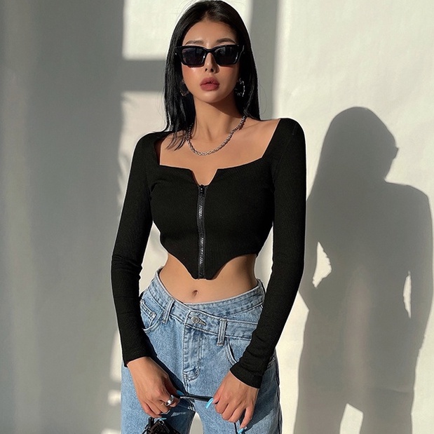 [Premium] Atasan Korean Unique Design Zip Up Hanky Hem Top 7062 S/M/L