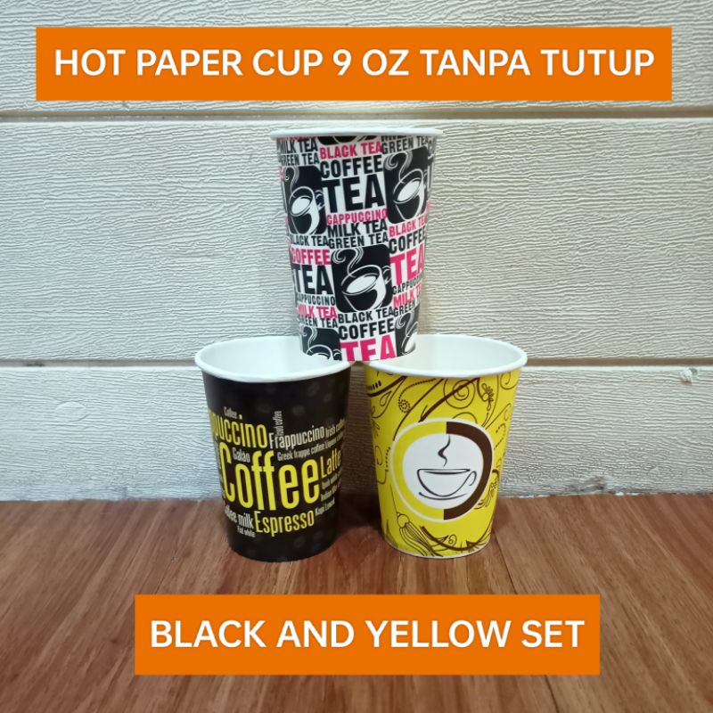 HOT PAPER CUP 9 OZ (220 ML) TANPA TUTUP ISI 50 GELAS BLACK AND YELLOW SET