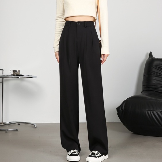 Hitam Celana Setelan Wanita Korean Highwaist Loose Celana Panjang Wanita Premium (Ada karet)